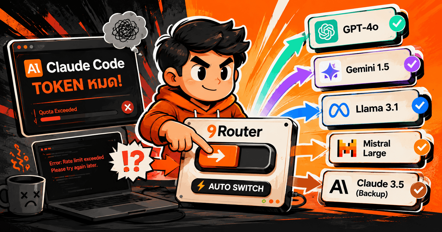 Claude Code token หมดกลางงาน? สลับไปใช้ model อื่นด้วย 9Router